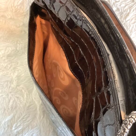Brighton Sonny Moc Croc Patent Leather Organizer Wallet Shoulder Bag in Brown - Picture 10 of 10